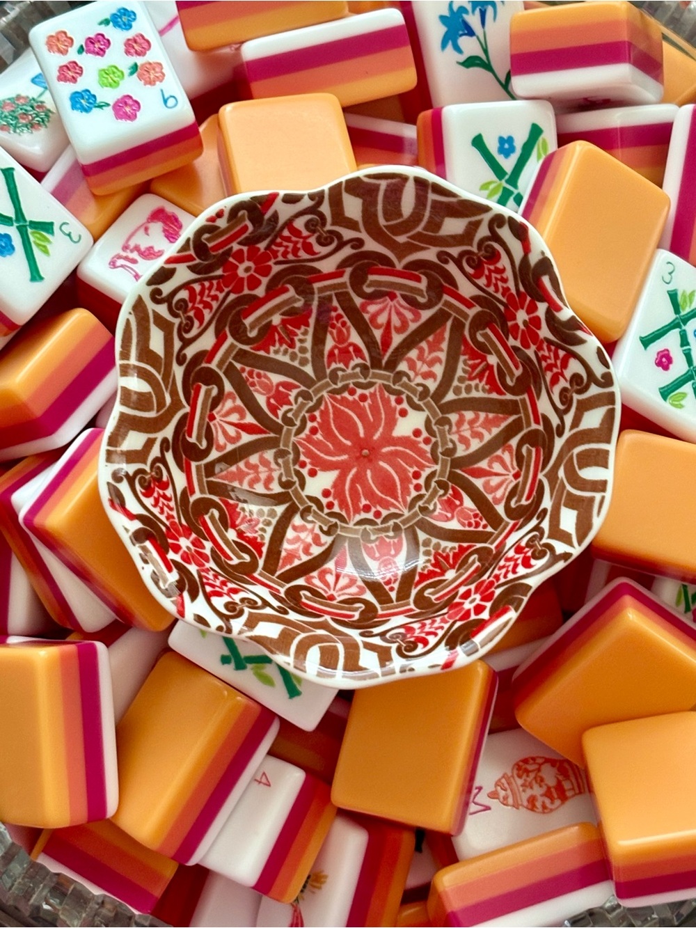Mahjong Tiles Ceramic Dice Dish Coral Orange and Brown